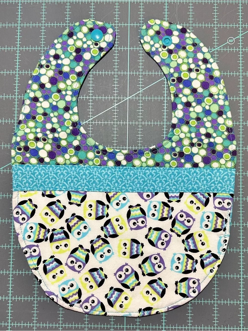 Owl Print Baby Bib and Matching Burp Cloth - Purple, Teal, Green
